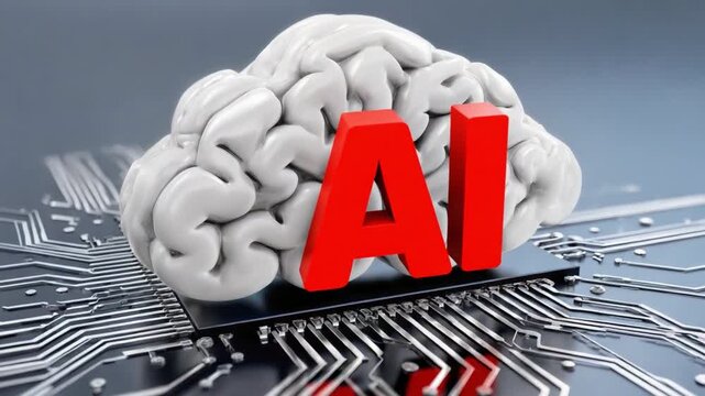 A visually striking representation of a human brain placed on a computer circuit board, symbolizing the intersection of artificial intelligence and human intellect in modern techno