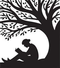 Silhouette of a Person Reading Under a Tree Illustration for Education and Relaxation Concepts
