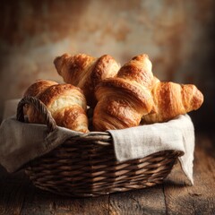 Freshly Baked Croissants in a Rustic Basket on a Wooden Table