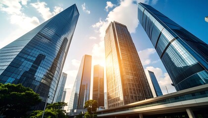 Naklejka premium Gleaming skyscrapers pierce a blue sky, bathed in sunlight. Modern architecture reflects the urban cityscape