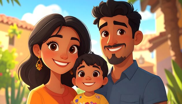 A cheerful cartoon family portrait, featuring a mother, father, and child, bathed in warm sunlight, showcasing vibrant colors and expressive faces.