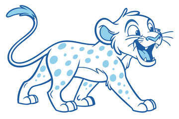 Fototapeta premium Playful Snow Leopard Cartoon with Spots Walking on White Background Drawing