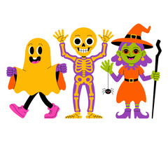 Colorful Halloween costumes, smiling yellow ghost, purple skeleton with bones, cheerful little witch, friendly vibe, kids party vector