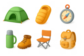 3d camping gear icons: tent, sleeping bag, compass, and more in vibrant style