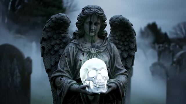 Angel statue holding a glowing skull in a misty graveyard with a hauntingly beautiful and eerie atmosphere