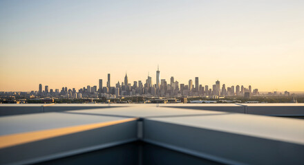 Fototapeta premium Panoramic city skyline view of modern skyscrapers at sunset golden hour
