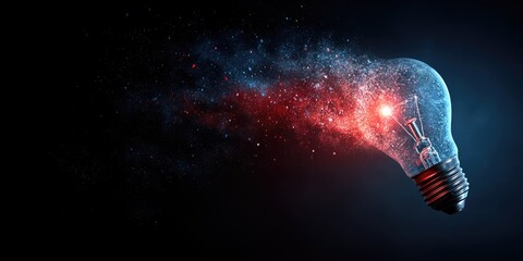 Abstract light bulb disintegrating into glowing cosmic particles and energy.