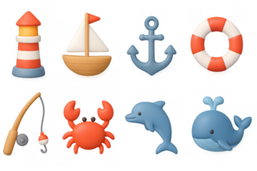 Playful nautical themed icons featuring boats and sea life in 3d style