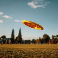 Colorful Flying Disc Soaring Over a Green Grass Field in Sunshine