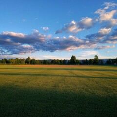Expansive Green Field Under Beautiful Blue Sky with Fluffy Clouds