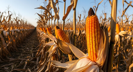 Close-up of golden dried corn cobs on stalks in a vast agricultural field under a clear sky, ready for harvest, symbolizing abundance and farming.