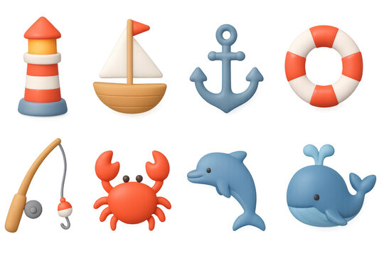 Playful nautical themed icons featuring boats and sea life in 3d style - Powered by Adobe