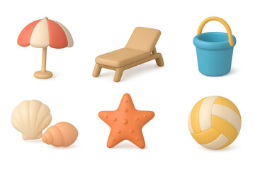 3d beach icon set: umbrella, chair, bucket, shells, starfish, volleyball
