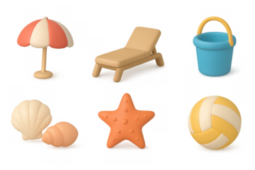 3d beach icon set: umbrella, chair, bucket, shells, starfish, volleyball