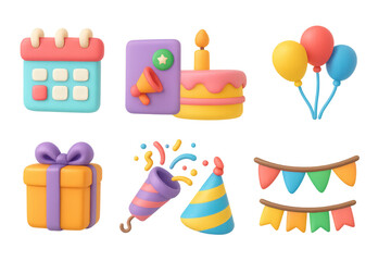 Colorful 3d birthday icons: cake, gifts, balloons, and party decorations