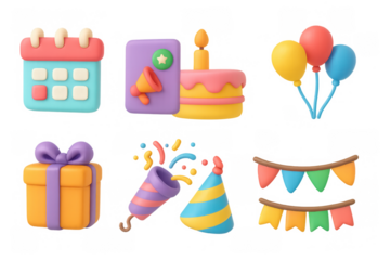 Colorful 3d birthday icons: cake, gifts, balloons, and party decorations
