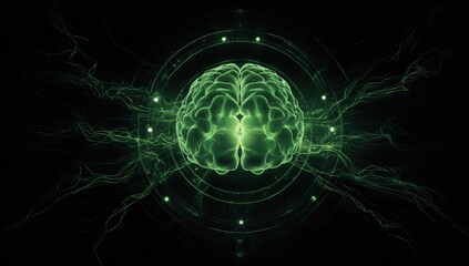 Green brain graphic with glowing energy aura and circular interface