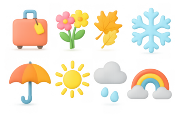 Colorful seasonal icons in 3d style featuring weather and nature elements