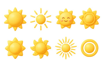 Set of cute 3d sun icons with smiling faces and decorative elements