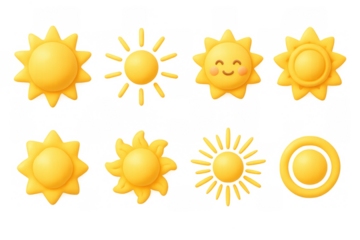 Set of cute 3d sun icons with smiling faces and decorative elements