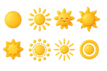 Sun shapes collection: 3d cute yellow icons with smiling and radiant designs