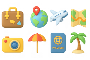 Travel themed 3d icons: luggage, world, and more
