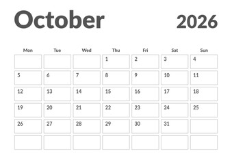 Monthly page Calendar Planner Template design of October 2026. Vector layout of calendar with week start Monday for Scheduling. Page for size A4 or 21x29.7 cm