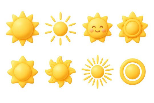 Set of cute 3d sun icons with smiling faces and decorative elements - Powered by Adobe