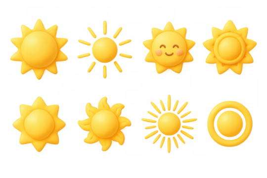 Set of cute 3d sun icons with smiling faces and decorative elements