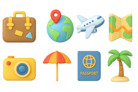Travel themed 3d icons: luggage, world, and more