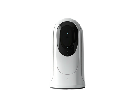 White, rounded security camera with black accents