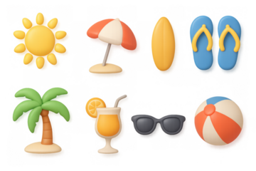 Summer icons collection: beach, sunshine, and relaxation in 3d style