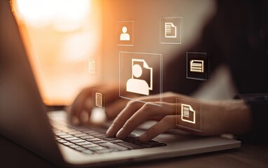 Person Typing on Laptop with Digital Icons.