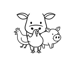 A charming cartoon illustration featuring a cow, pig, and two chickens.