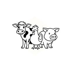Simple black and white illustration of a cow, chicken, and pig standing together.