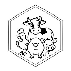 Cartoon illustration of farm animals (cow, chicken, chick, pig) inside a hexagon frame.