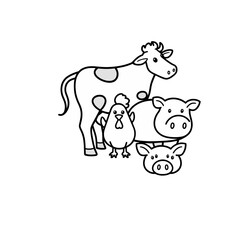 Cartoon illustration of farm animals: a cow with spots, a chicken, and two pigs stacked on top of each other.