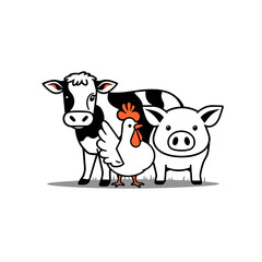 Cartoon illustration of a cow, pig, and chicken standing together.
