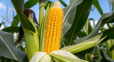 Golden Ripe Ear of Field Corn on the Stalk, a primary source for dried corn and feed.