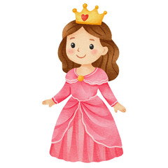 Naklejka premium Watercolor illustration of a cute queen character with a golden crown. Adorable princess clipart for fairy tale themes, nursery decor, and girls' birthday parties.