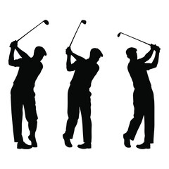Three golfers in silhouette swinging clubs showing different stages of golf swing action silhouette