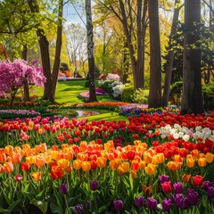 A vibrant display of tulips and other spring blossoms in a meticulously landscaped garden, bathed in sunlight.