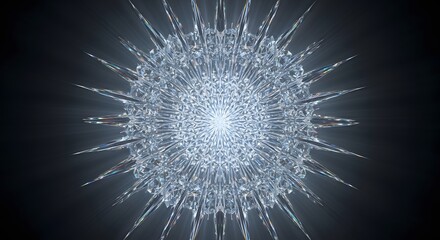 Intricate, symmetrical, and radiant fractal pattern, resembling a crystalline structure with sharp, pointed edges.