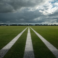 Obraz premium Lush Green Sports Field Under Stormy Sky with White Lines