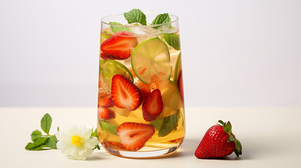 Cocktail détox sans alcool, boisson colorée et fruitée. Concombre, citron, menthe, fraise, fleurs fraiches. Boisson saine et rafraîchissante. Pour conception graphique.