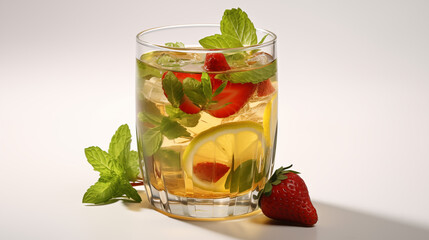 Cocktail détox sans alcool, boisson colorée et fruitée. Concombre, citron, menthe, fraise, fleurs fraiches. Boisson saine et rafraîchissante. Pour conception graphique.