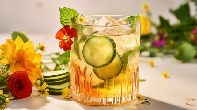 Cocktail d&eacute;tox sans alcool, boisson color&eacute;e et fruit&eacute;e. Concombre, citron, menthe, fraise, fleurs fraiches. Boisson saine et rafra&icirc;chissante. Pour conception graphique.
