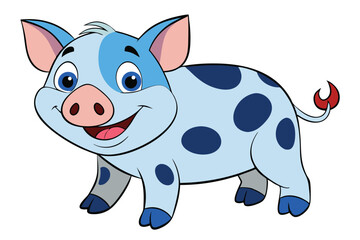 Smiling Blue Cartoon Pig with Dark Blue Spots on White Background