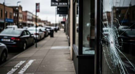 Obraz premium Shattered Storefront Window with Bullet Hole on Urban Street.