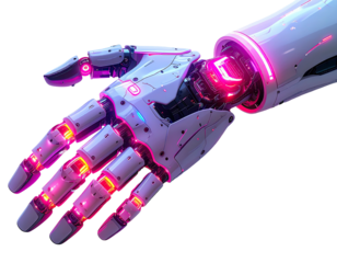 Futuristic robotic hand, intricate details, glowing pink accents
